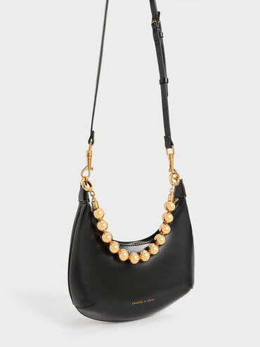 Beaded Handle Hobo Bag, Black, hi-res