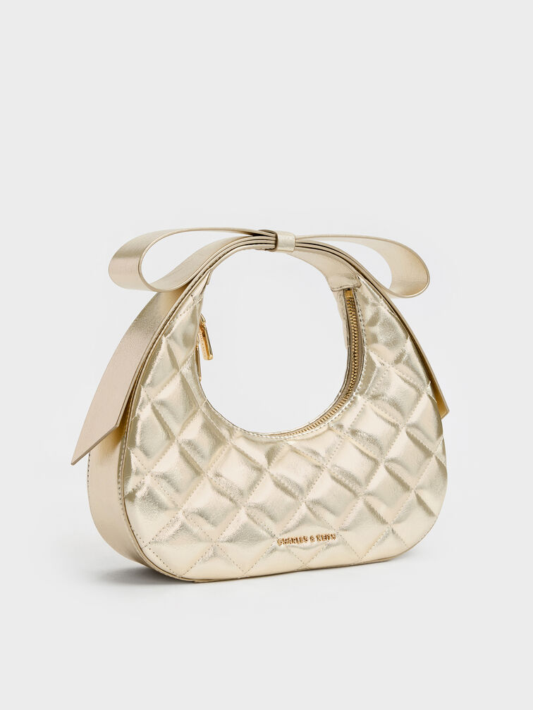 Janie Metallic Quilted Bow-Handle Bag, Champagne, hi-res
