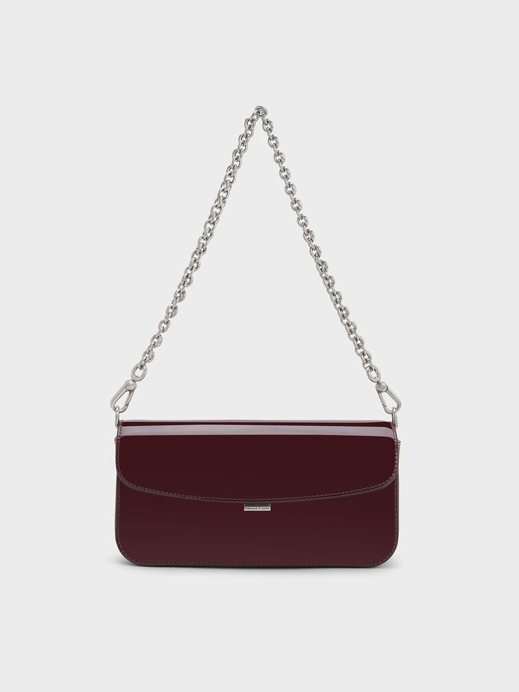 Patent Chain-Handle Shoulder Bag, Burgundy, hi-res
