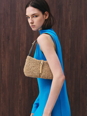 Cesia Faux Shearling Metallic-Accent Shoulder Bag, Nutmeg Beige, hi-res