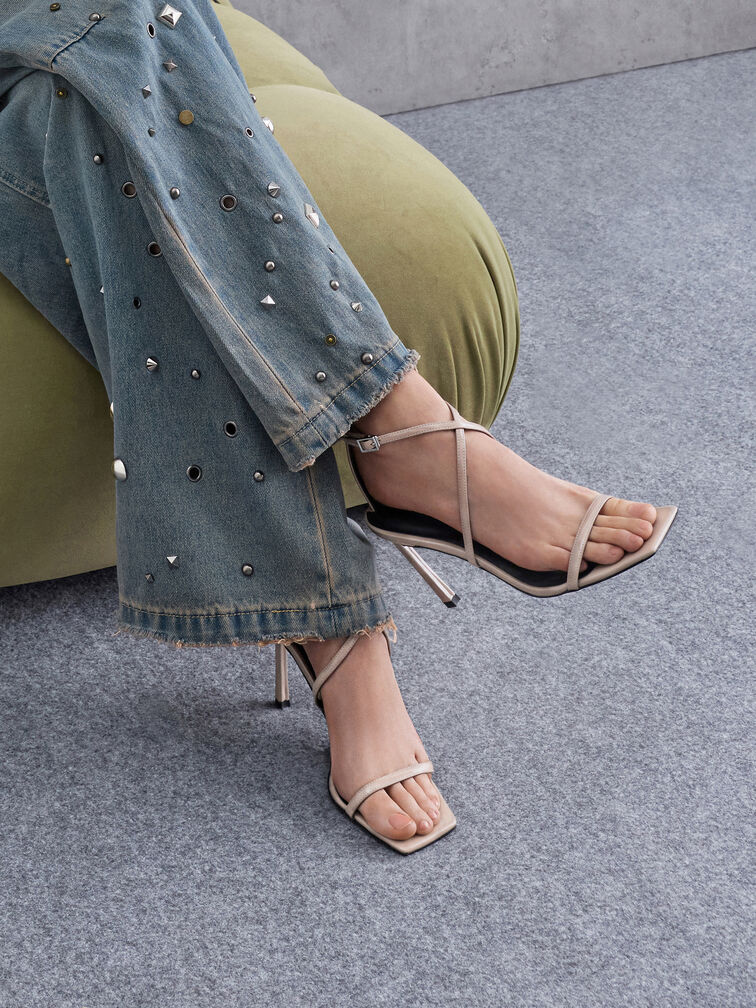 Patent Strappy Heeled Sandals, Taupe, hi-res