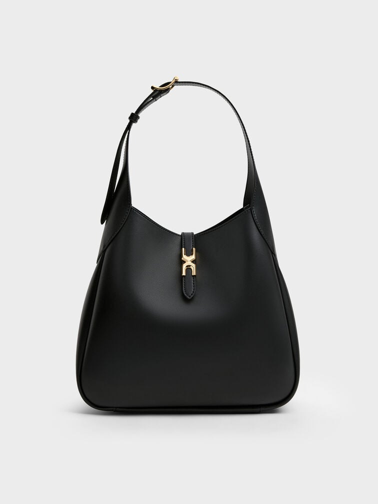 Adalyn Metallic-Buckle Belted Hobo Bag, Black, hi-res