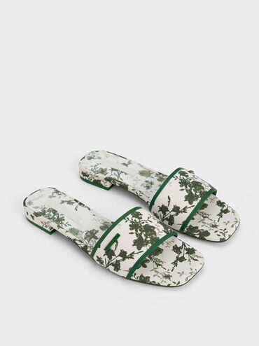 Floral-Print Slide Sandals, Green, hi-res