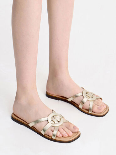 Ring Detail Metallic Strappy Flats, Gold, hi-res