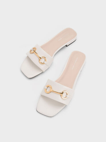 Metallic Bar Slide Sandals, White, hi-res