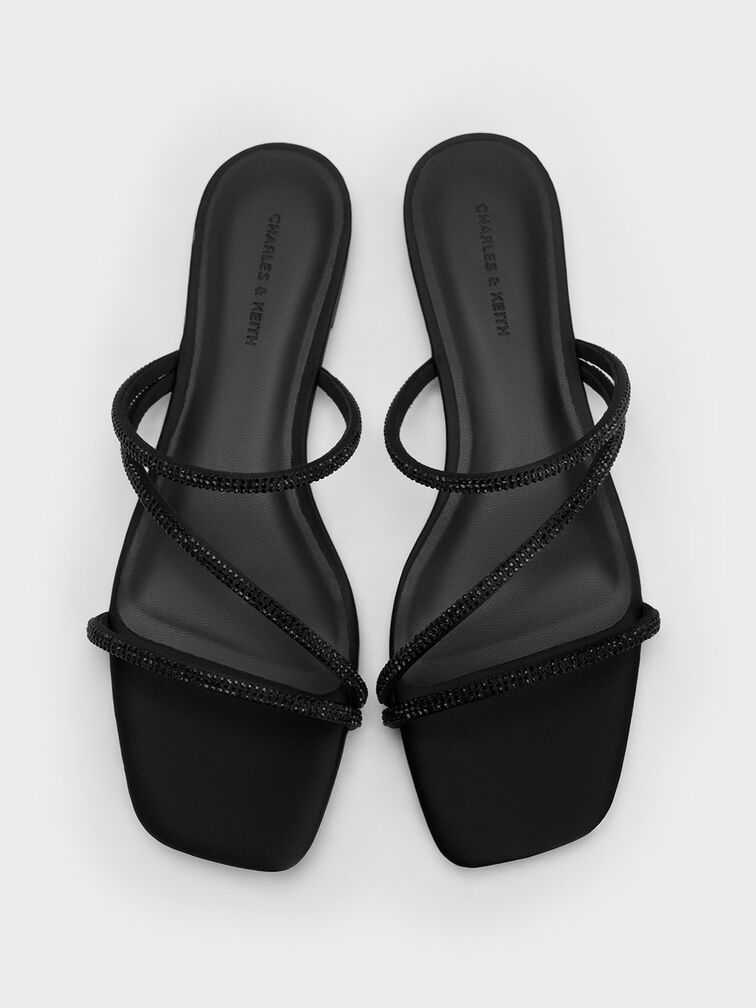 Satin Crystal-Embellished Strappy Sandals, Black Textured, hi-res
