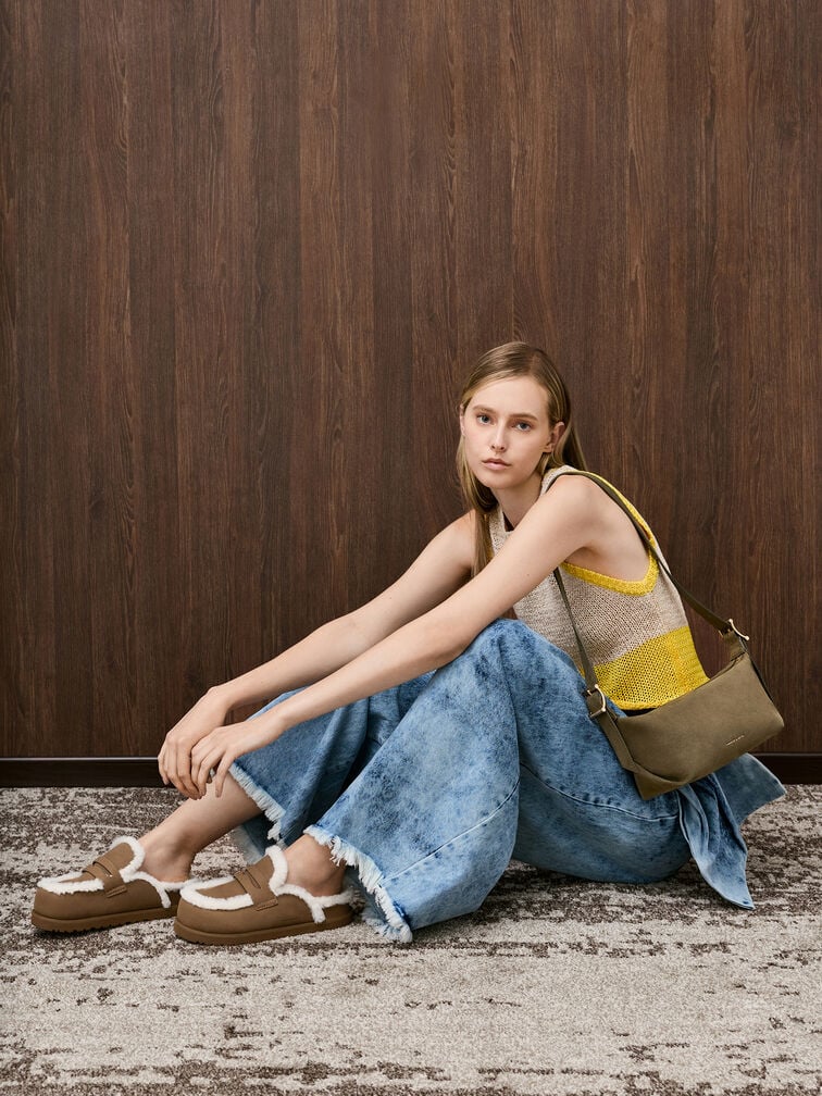 Larsen Recycled Suede Buckle-Strap Slouchy Shoulder Bag, Deep Olive, hi-res