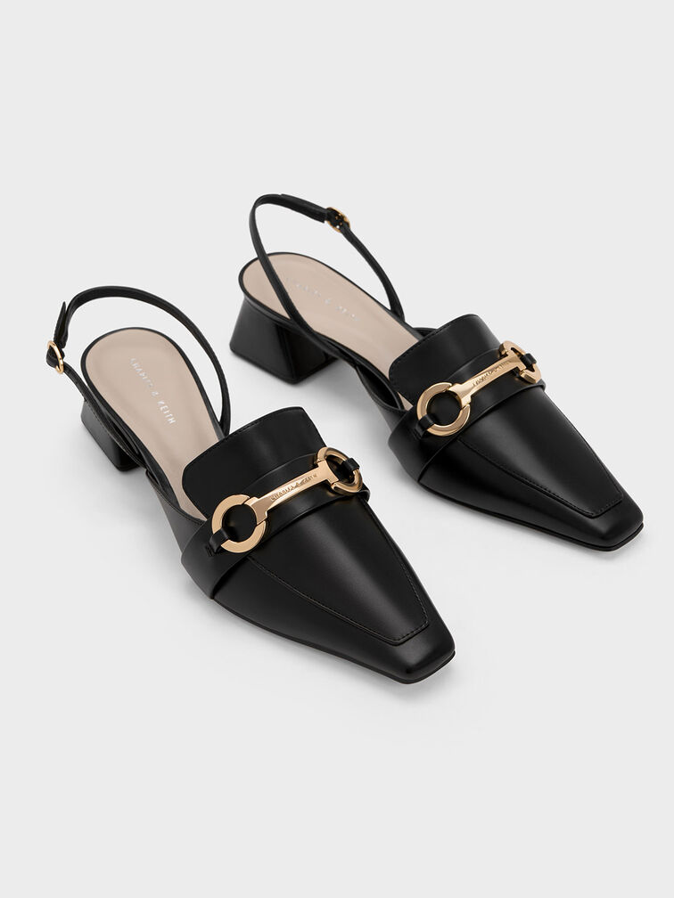 Metallic Bar Slingback Pumps, Black, hi-res