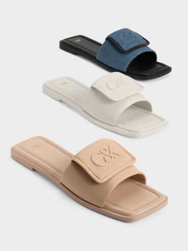 Leather & Denim Slide Sandals, Blue, hi-res