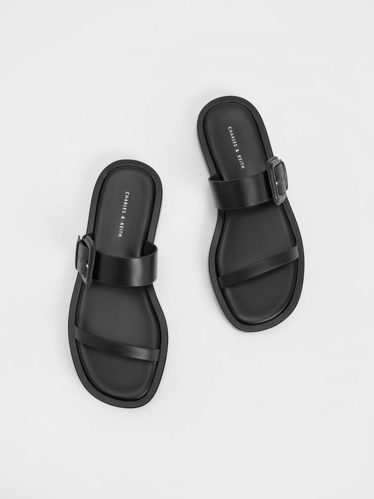 Buckled Strap Slides, Black, hi-res