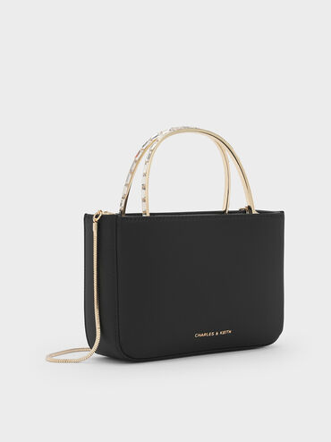Satin Crystal-Embellished Top Handle Bag, Black, hi-res