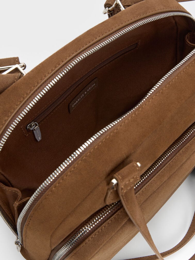 Nelly Recycled Suede Front-Pocket Boxy Backpack, Mocha Brown, hi-res