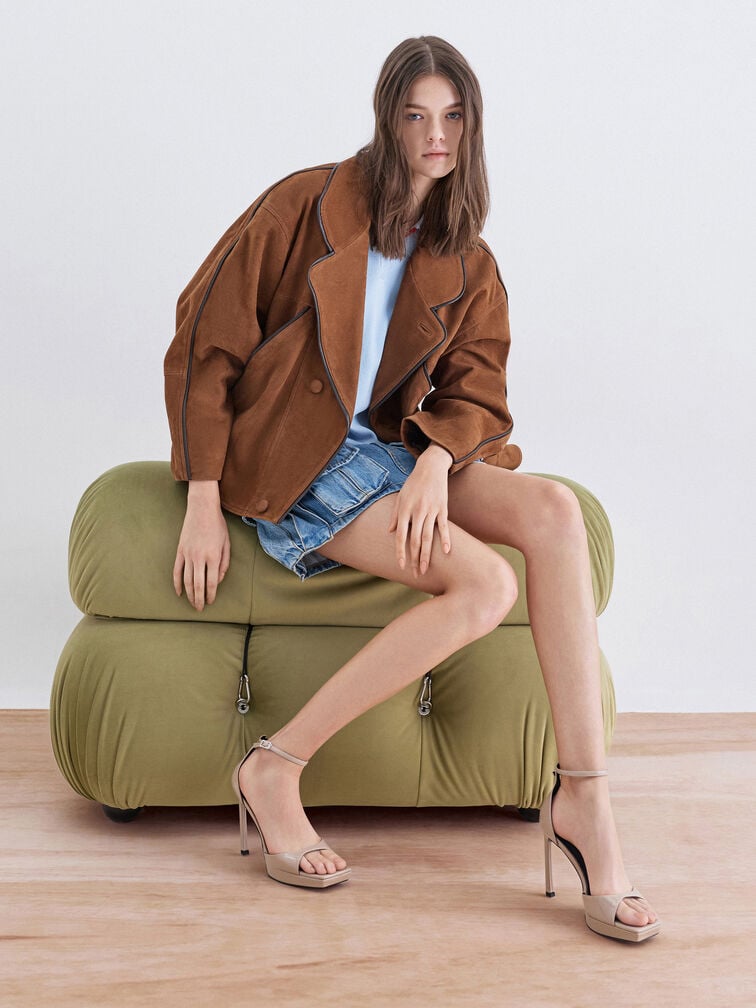 Patent Platform Heeled Sandals, Taupe, hi-res