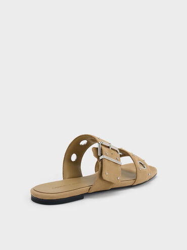 Faux Suede Grommet Buckled Slides, Sand, hi-res