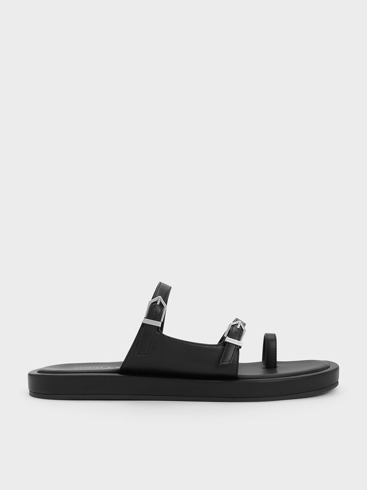 Double Buckle Toe-Loop Sandals, Black, hi-res