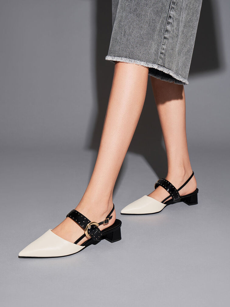 Studded Buckled Slingback Pumps, Chalk, hi-res
