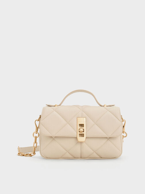 Anwen Quilted Top Handle Bag, Beige, hi-res
