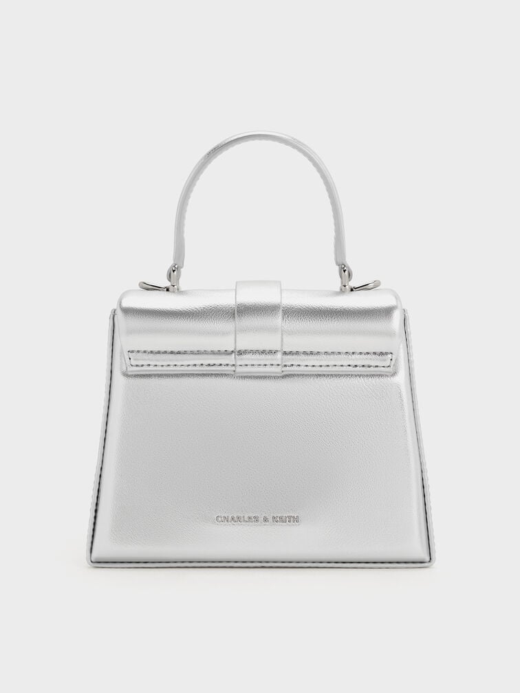 Metallic Crystal-Buckle Belted Top Handle Bag, Silver, hi-res
