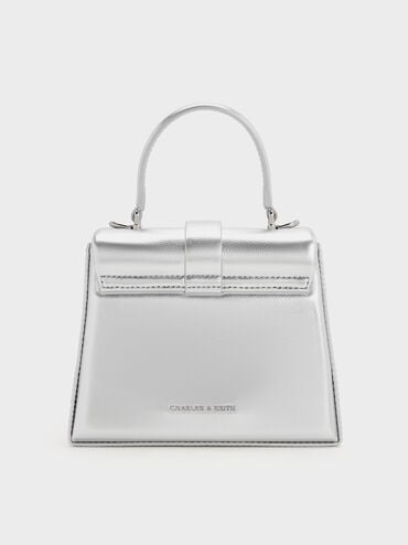 Metallic Crystal-Buckle Belted Top Handle Bag, Silver, hi-res