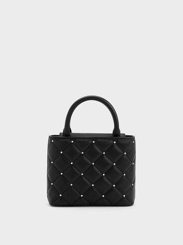 Gem-Embellished Padded Tote Bag, Black, hi-res