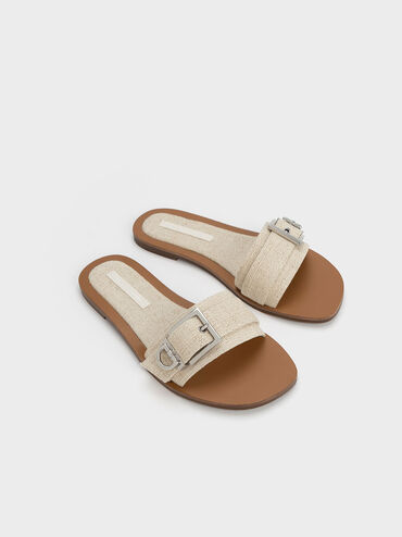 Linen Metallic Buckle Slides, Beige, hi-res