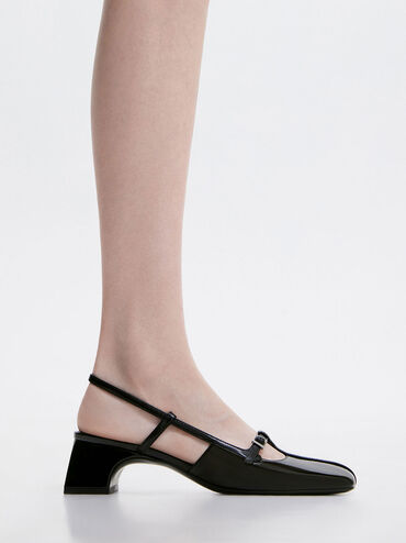 Patent T-Bar Slingback Pumps, Black Patent, hi-res
