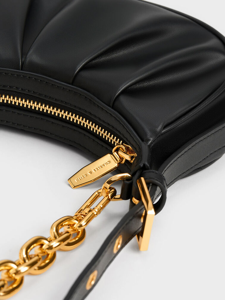 Duo Ruched Shoulder Bag, Black, hi-res