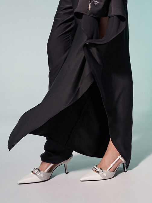 Woven Fabric Metallic-Accent Slant-Heel Slingback Pumps, Light Grey, hi-res