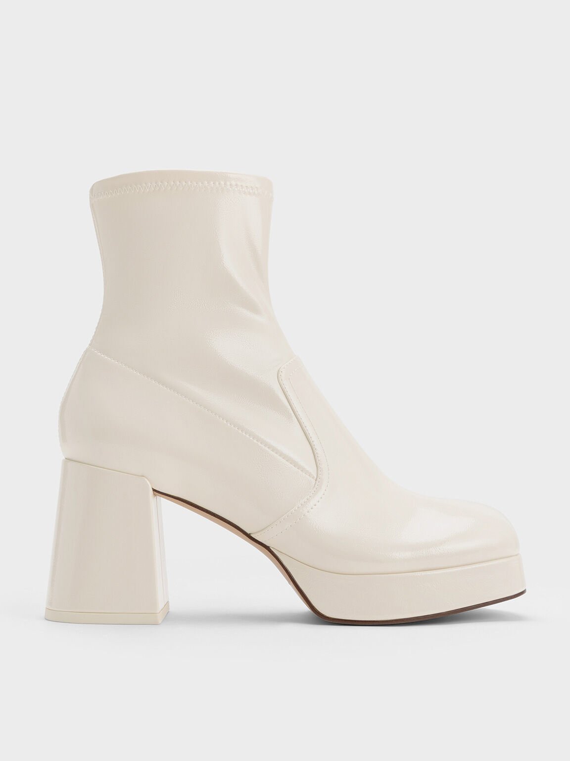 Beige Patent Crinkle Effect Block Heel Boots CHARLES KEITH IN