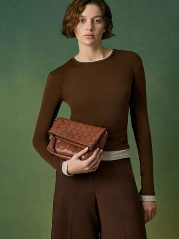 Ivette Woven Front Flap Crossbody Bag, Chocolate, hi-res