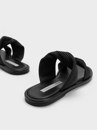 Pleated Twist Strap Slides, Black, hi-res