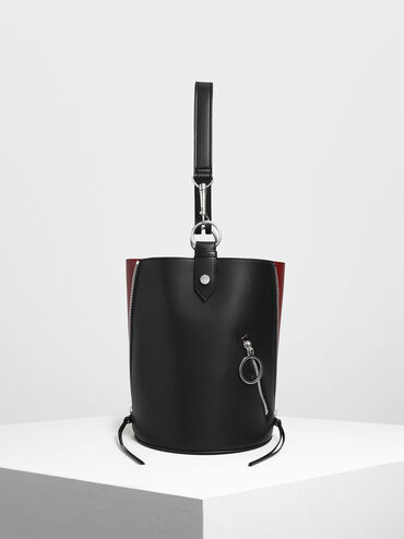Two-Tone Ring Zip Pocket Geometric Bucket Bag, Black, hi-res