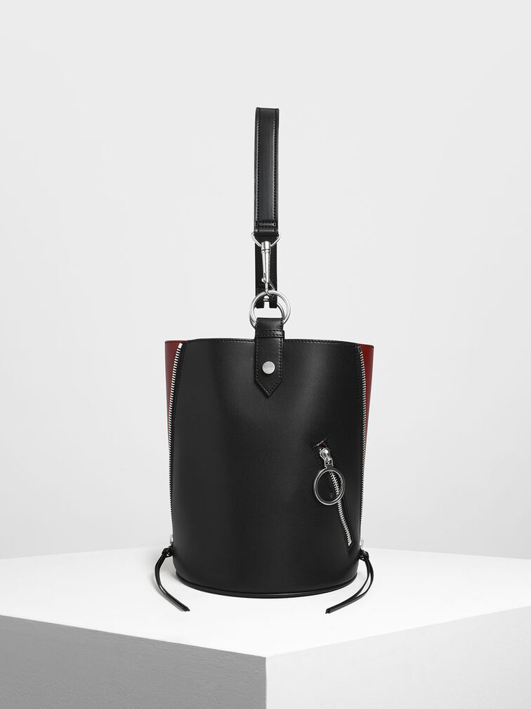 Two-Tone Ring Zip Pocket Geometric Bucket Bag, Black, hi-res