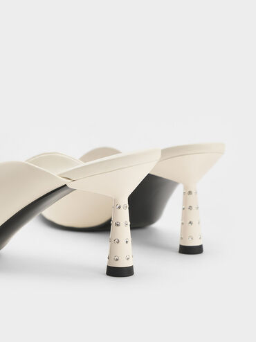 Embellished Cone Heel Mules, Cream, hi-res