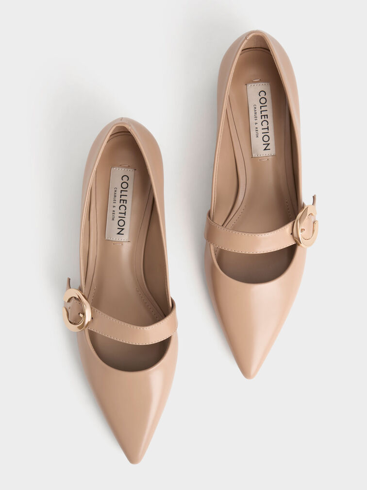 Metallic Buckle Leather Mary Janes, Nude, hi-res