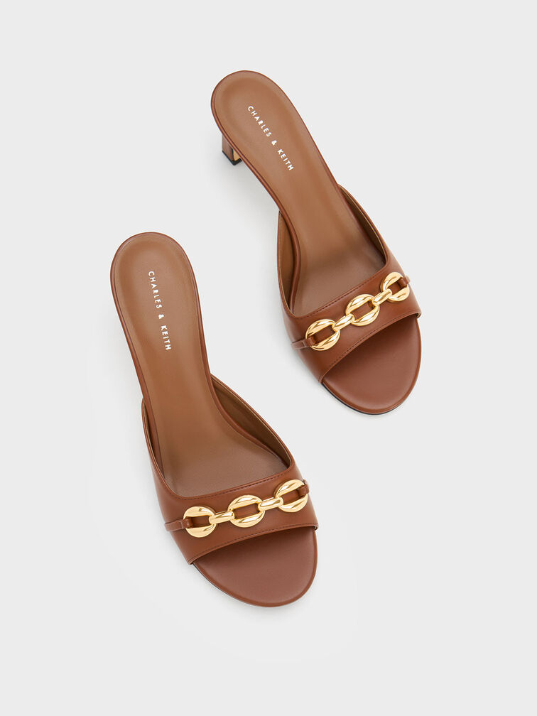 Chunky Chain-Link Heeled Mules, Cognac, hi-res