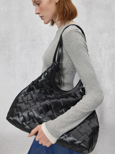 Ivette Woven Tote Bag, Noir, hi-res