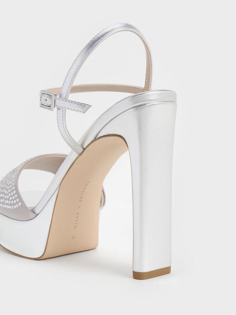 Metallic Crystal-Embellished Platform Sandals, Silver, hi-res