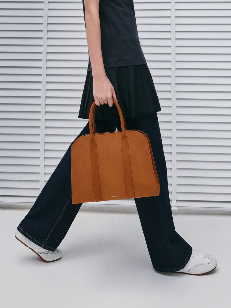 Axel Faux Suede Bowling Bag, Brown, hi-res