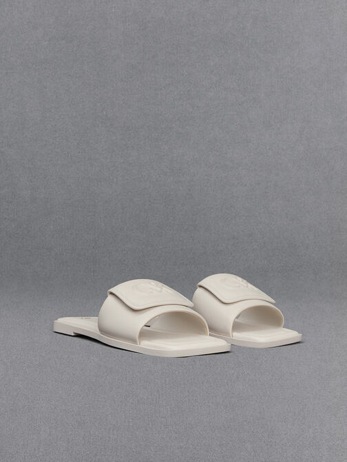 Leather Slide Sandals, White, hi-res