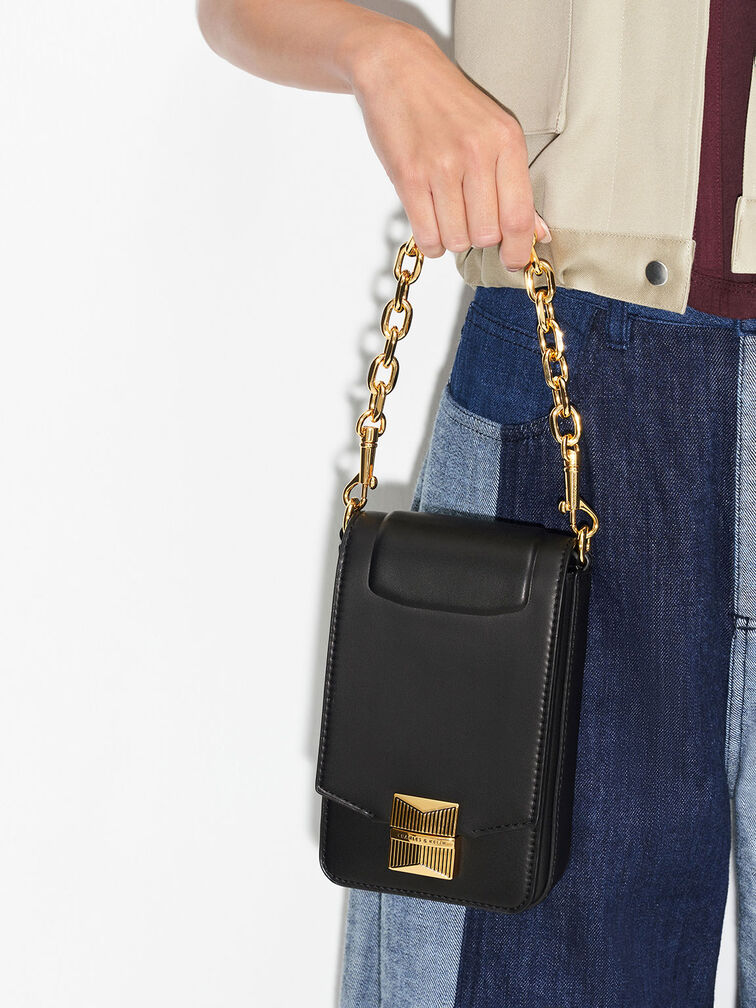 Kalinda Metallic Accent Phone Pouch, Black, hi-res