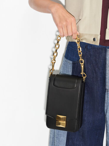 Kalinda Metallic Accent Phone Pouch, Black, hi-res