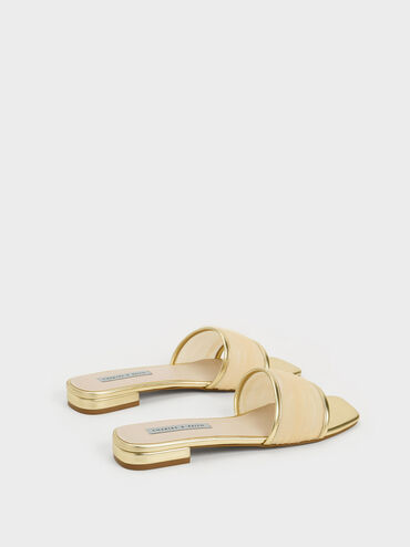 Metallic Chiffon Ruched Slides, Gold, hi-res