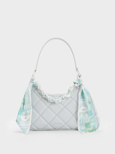 Alcott Large Scarf Chain-Link Quilted Bag, Light Grey, hi-res