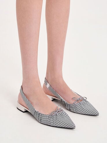 Checkered Bow Ruched Slingback Flats, Multi, hi-res
