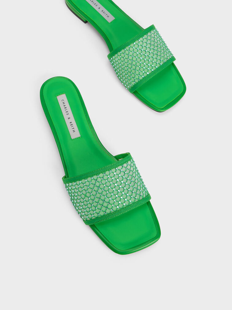 Gem-Encrusted Mesh Slide Sandals, Green, hi-res
