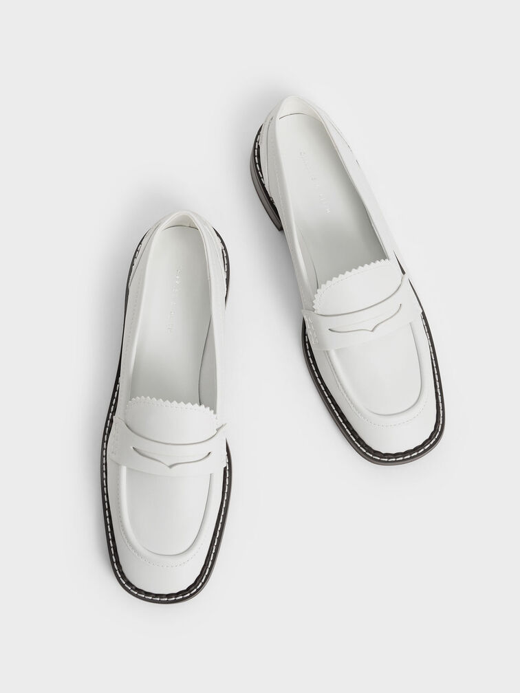Scallop-Trim Penny Loafers, White, hi-res