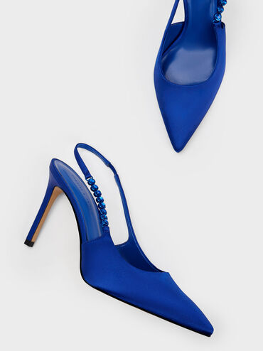 Flores Recycled Polyester Gem-Strap Slingback Pumps, Blue, hi-res