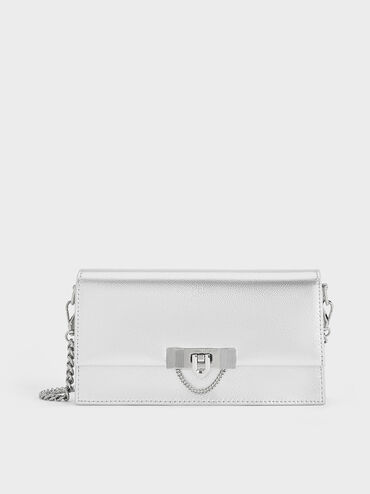 Tallulah Metallic Push-Lock Long Wallet, Silver, hi-res