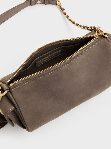 Lottie Faux Suede Side-Pocket Chain Shoulder Bag, Stone Grey, hi-res